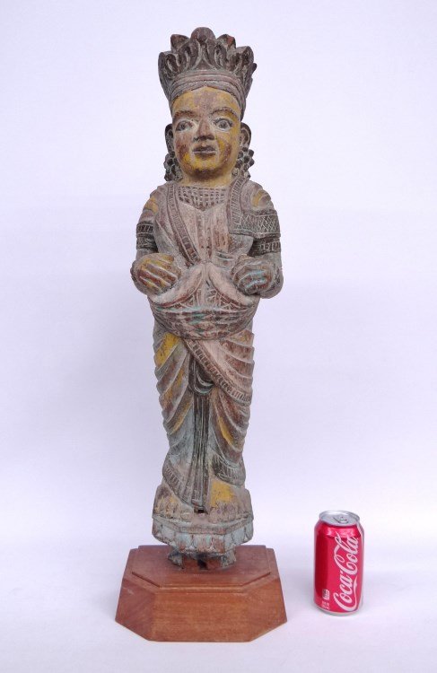 Indonesian Carved Figure: Indonesian polychrome painted carved figure (architectural element). 29" Ht.