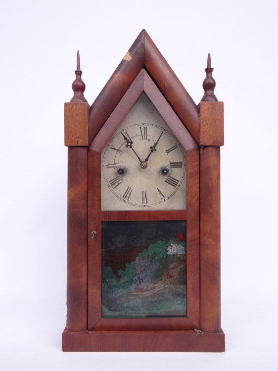 Waterbury Gothic Shelf Clock: Victorian Gothic shelf clock labeled Waterbury (Ct.), has Hudson N.Y. stencil on back. 20" Ht., veneer chip on top.