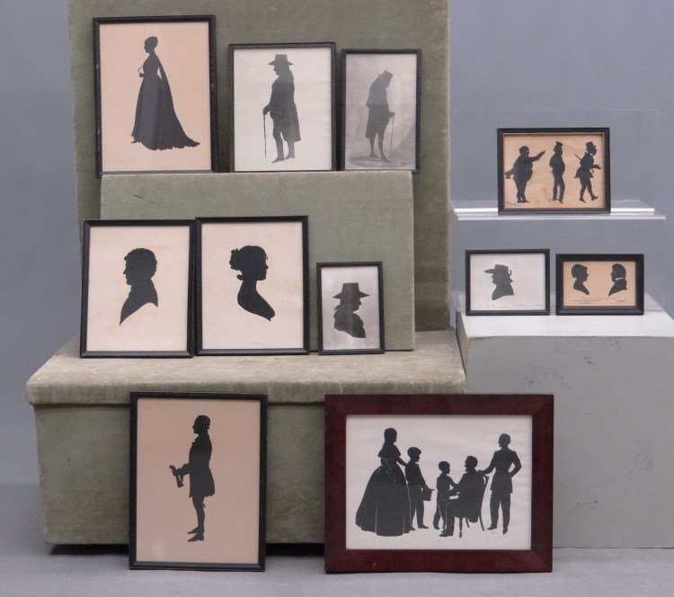 Collection Of Silhouettes: Collection of 11 silhouetts, some labeled verso with Essex Institute labels. One signed "Nancy Parrish" ,Sight(s) include 6 1/4" x 4" to 9 1/2" x 13".