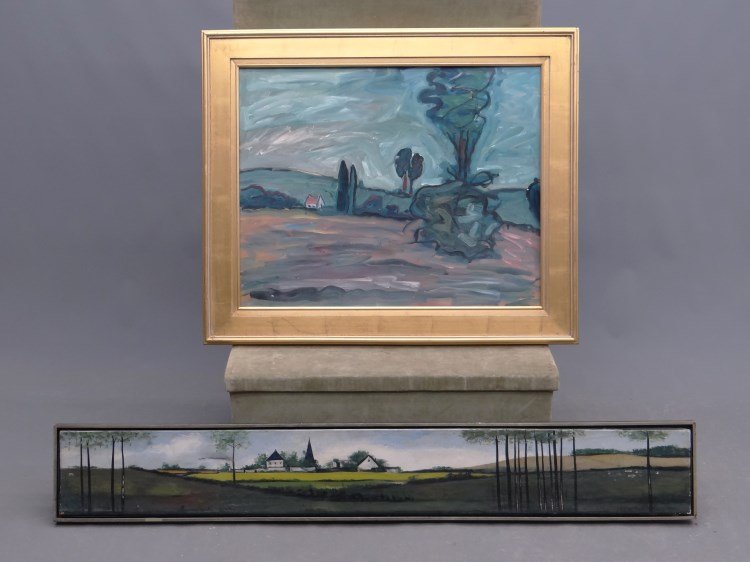 Painting Lot: Lot including oil on artist board Impressionist style landscape (sight 23 1/2" x 30"), along with horizontal landscape signed "J. Eakin" (Jane Eakin France 1919-2002, sight 8" x 59". Has damage.