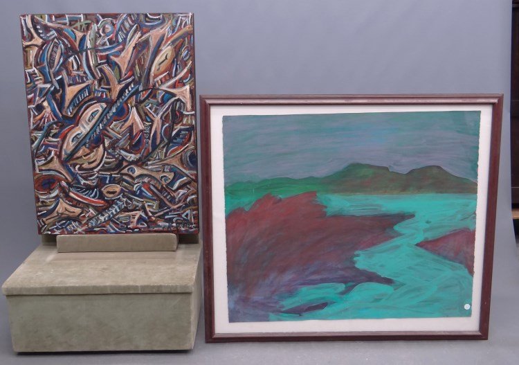 Painting Lot: Lot including abstract by Bradley White (30" x 40"), along with painting titled Roanoke, Va by Douglas Wingo, who lived in Hudson, NY (sight 37" x 42").
