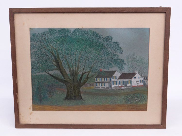 Primitive House Painting: Primitive house painting signed LRC "MF Savage 1928". Sight 14" x 19".