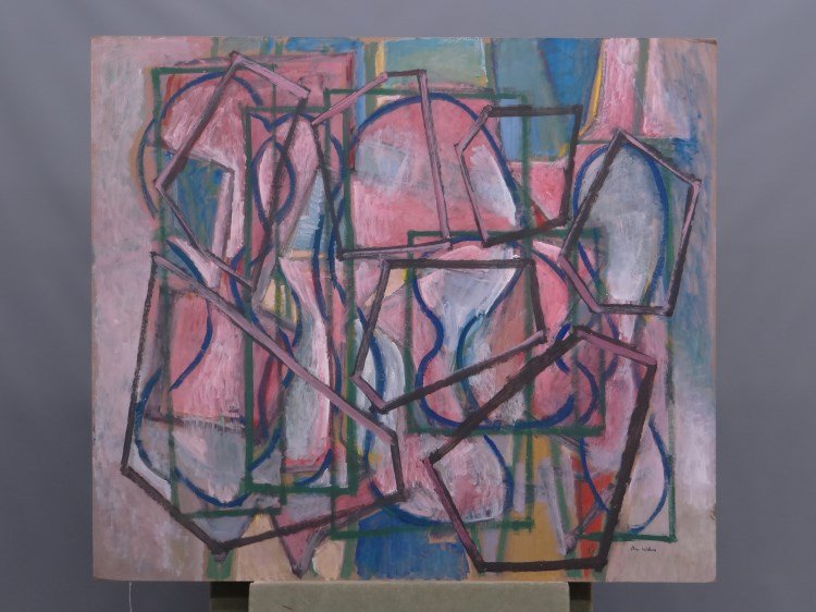 Painting Ben Wilson: Abstract painting on masonite signed Ben Wilson (Ben Wilson N.Y./Fla. 1913-2001). Signed verso "Concert 1983". 48" x 42".