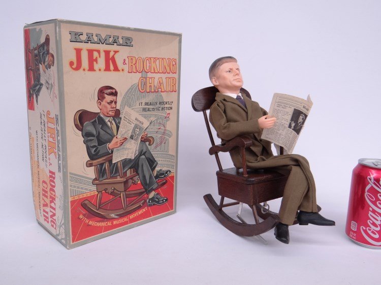 J.F.K. Toy: Vintage J.F.K. toy (him on rocking chair), in original box marked "Kamar". Figure 11" Ht.