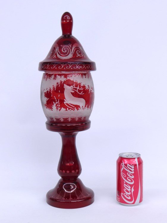 Bohemian Glass Compote: Bohemian glass covered etched glass compote. 18 1/2" Ht.
