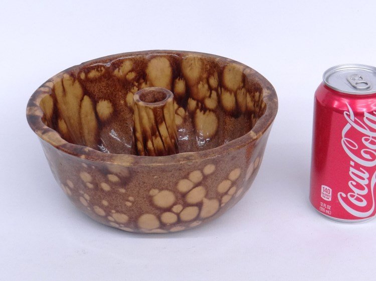 Redware Mold: Redware "Turks Head" mold. Mottled glaze. 3 3/4" diameter.