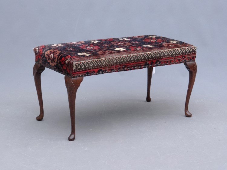 Window Seat: Window seat with carved cabriole legs, Oriental rug upholstery. 36 1/2" x 19" x 19".