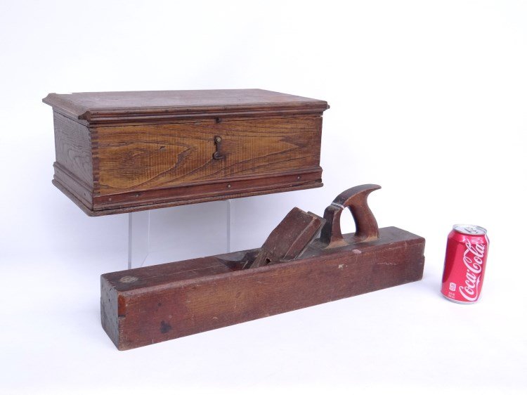 Child's Tool Chest & Plane Lot: Lot including C. 1900's child's tool chest and wooden plane marked " A. Mathieson & Son, Glasgow".