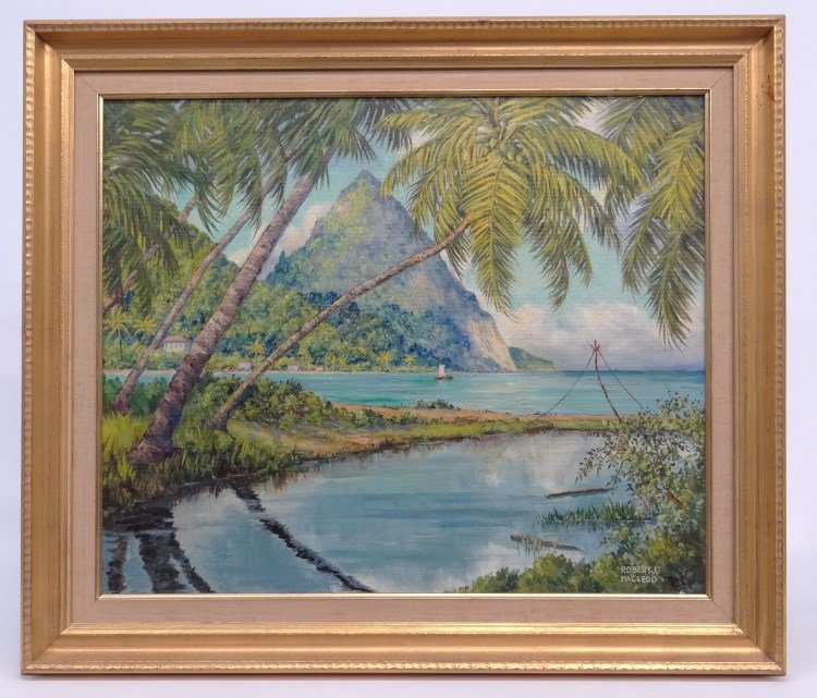 Painting Robert James MacLeod: Painting oil on masonite seascape with sailing vessel signed LRC "Robert J. Macleod (Cal./N.Y./Canada 1899-1977). Sight 19 1/2" x 23 1/2".