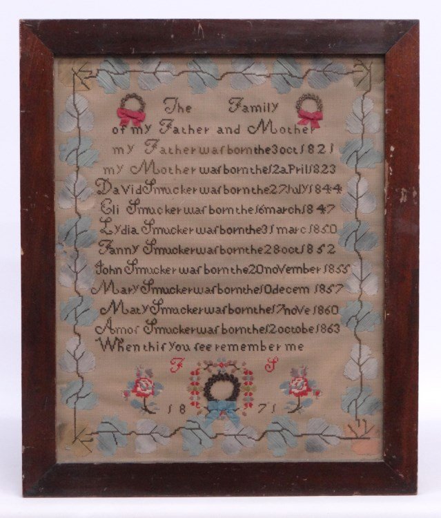 Sampler: Sampler family record C. 1871. Sight 20" x 16 1/2".