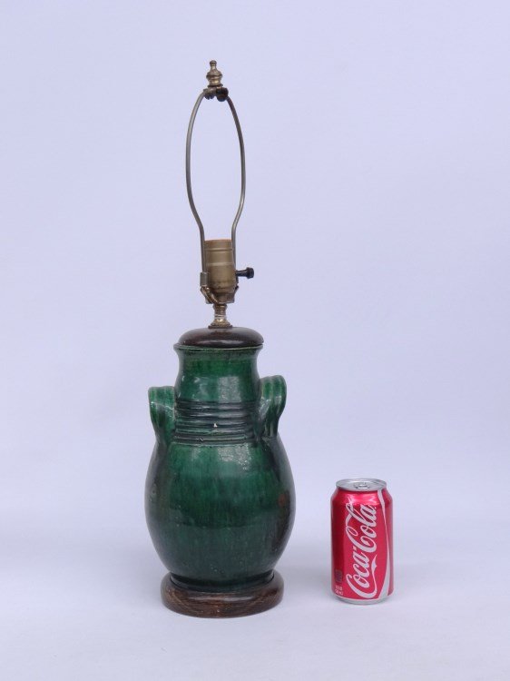 Pottery Lamp: Green glazed pottery lamp. 22" overall Ht.