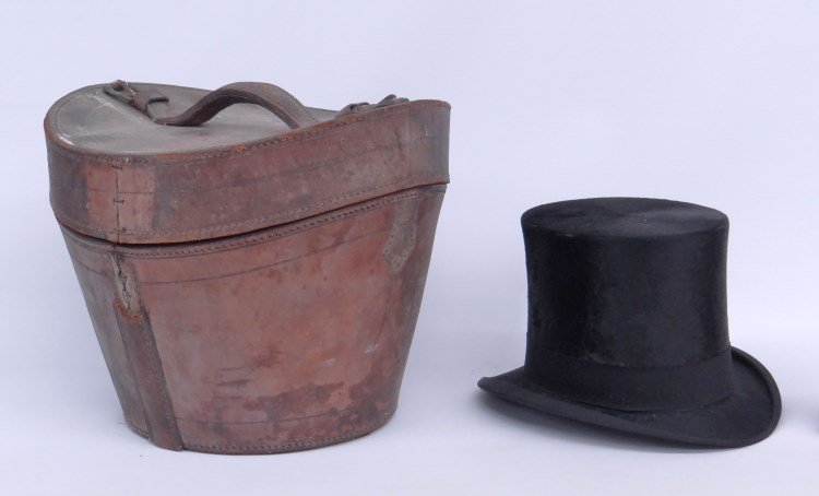 Leather Hat Box & Hat: C. 1900's leather hat box with hat. Hat labeled Knox New York, box labeled "Dunlap & Co.".