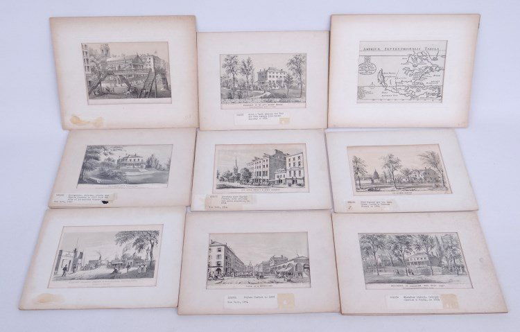 Lot Of Engravings: Lot of nine various engravings. Mostly New York State scences including "Belvidere Club House, 1792", "Staten Island", "City Hotel, Trinity & Grace Churches" etc.