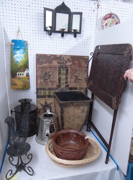 Misc. Lot: Misc. lot including tile painting, triple mirror sconce, gameboard, lantern, wire chicken, carved bowl, basket, candlesticks, table etc.