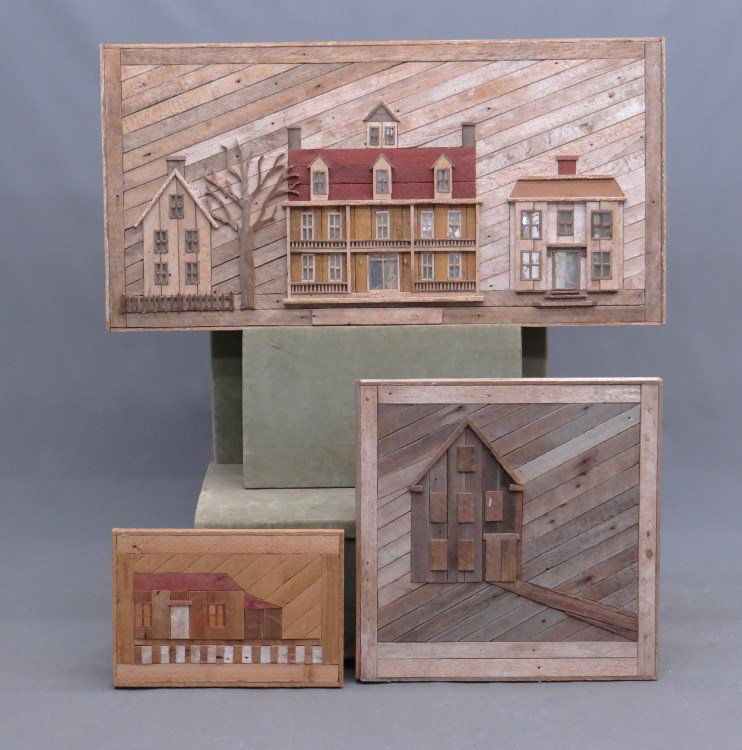 Folk Art Lot: Collection of three folk art wall sculptures, applied wood New England scenes "Chatham Bars Inn", E.J. Smith 1976, 25" x 49"; "A Study In Colors & Shades" E.J. Smith 1977, 24 3/4" square; "Costa's Wha
