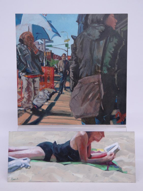 Painting Lot: Lot two paintintgs on masonite "Boardwalk" (16" square) and "Romancing The Sun" (signed and dated Karin Jurick April 2005, 7" x 18").