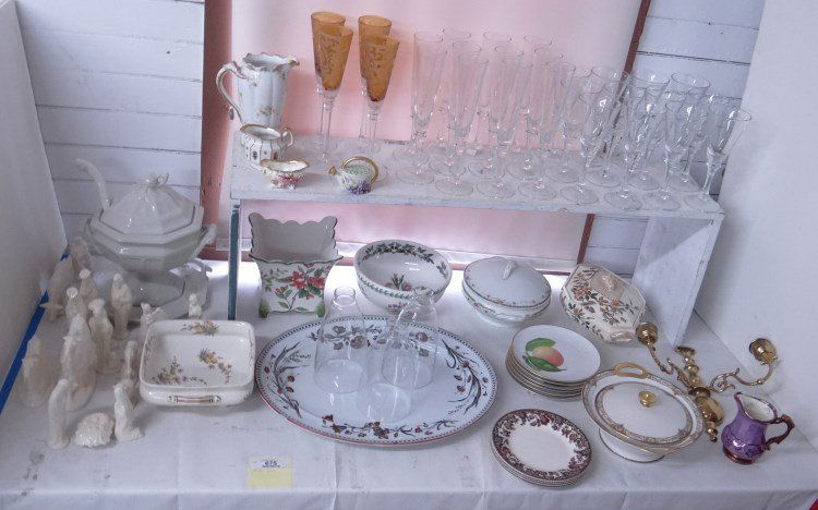 Misc. Lot: Misc. lot including (12) stemware wines, (11) stemware flutes, (4) carved glass flutes (Michael Williams ?), Nativity set, (6) Bavarian peach dishes, (4) Spode plates, large English platter (chips), L