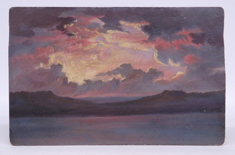 Painting Hudson River Landscape: Painting oil on board Hudson River landscape. Provenance verso "From Estate of Robert Havelle....". 11" x 17 1/2".