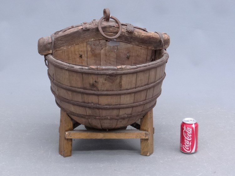 Asian Bucket: Asian wood staved bucket on stand with wrought iron fixtures. 17" diameter, 21" Ht.