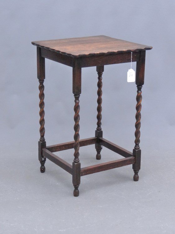 Oak Lamp Table: Oak lamp table, square shaped edge top with barley corn twist legs. 19" square, 19" Ht.