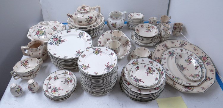Royal Doulton Dinner Service: Royal Doulton dinner service "Old Leeds Sprays", includes (3) platters, 10 pc. demitasse service, covered vegetable, open vegetable, milk jug, teapot, salt and peppers, (14) 9 3/4" plates, (10) 9 3/4"