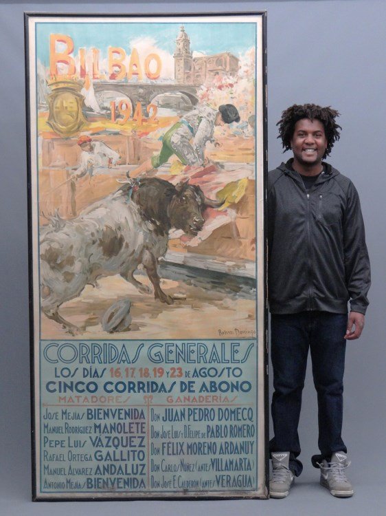 Bull Fighting Poster: Bullfighting poster "Bilbao 1942", artist "Roberto Domingo" (Roberto Domingo Y Fallola, Spain/Europe 1883 - 1956). Staining at bottom. 7' 6 1/2" x 43". Has fold lines.