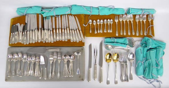 Tiffany Sterling Silver Hamilton Flatware Set: 208 piece set Tiffany 1938 Hamilton Pattern sterling silver flatware and serving pieces (with a few new additions with virtually identical pattern). Total weight is 8194 grams not including the weight