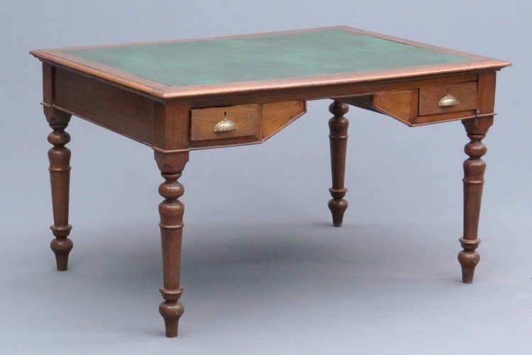 Partners Desk: Partners desk with four drawers and turned legs. Top 48" x 36", 30" Ht., has leatherette top.