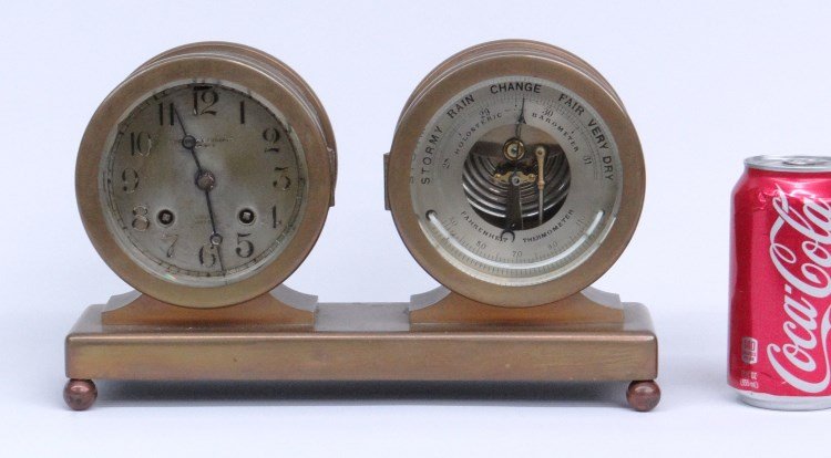 Abercrombie & Fitch Clock Barometer: Marked Abercrombie & Fitch Chelsea Ships Bell brass clock barometer. 12" W, 7" Ht.