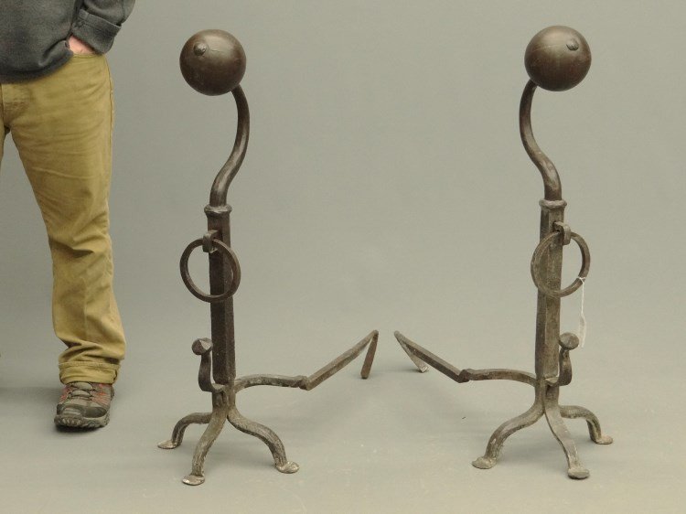 Pair 18th c. Andirons: Pair 18th c. balltop andirons. 36" Ht., 28" D.