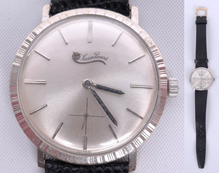 Lucien Piccard 14 Karat Gold Watch: Lucien Piccard 14 Karat Gold watch. Marked on back "954313, Deep Water Pressure Tested", band marked "11/16-970", "Genuine Lizard". Appears to be working. Automatic movement.