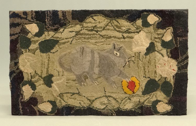 19th c. Hooked Rug: 19th c. hooked rug squirrel playing with ball. Mounted 43" x 27" Ht.