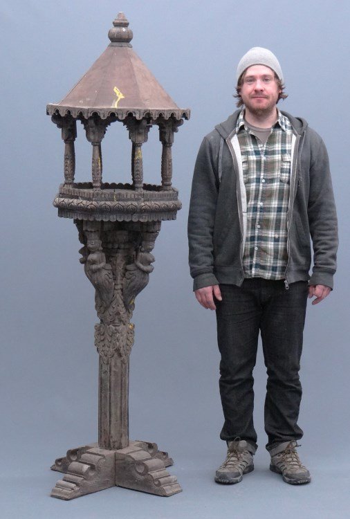 Nepalese Pagoda Stand: Nepalese two part wooden carved Pagoda stand. 75" Ht., losses.