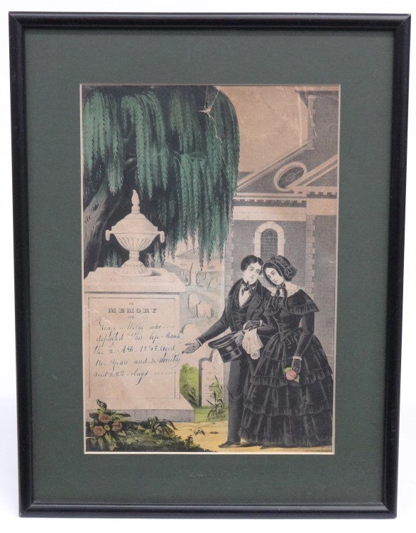 19th c. Mourning Print: 19th c. Mourning print "In Memory of George Willis Whot Departed This Life March The 2D. A.D. 1848...". Sight 12 1/2" x 8 1/2".