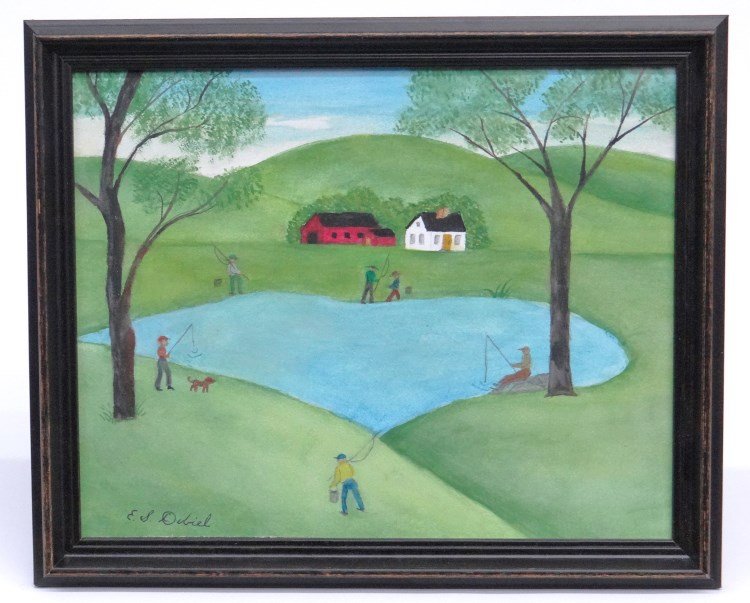 Evelyn Dubiel Watercolor: Watercolor "A Day Of Enjoyment" signed LLC "E.S Dubiel" (Evelyn S. Dubiel Ct. b. 1922). Sight 7 1/2" x 9 1/2".