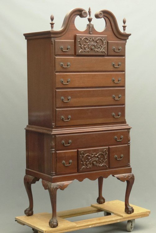 Mahogany Highboy: One piece C. 1950's mahogany highboy with broken arch pediment. 36" x 21" x 79" Ht.