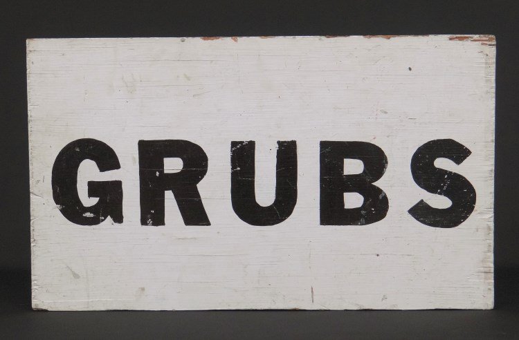 Trade Sign: Painted wooden two sided trade sign "GRUBS". 18" W, 10 1/2" Ht.