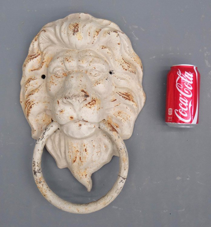 Cast Iron Lion Door Knocker: Cast iron lion door knocker. 16" length. Ring cracked.