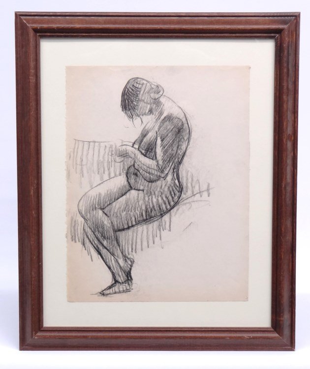 Drawing Leon Kroll: Drawing conte crayon on paper seated woman with head bowed by Leon Kroll (1884-1974). Provenance: Estate of the artist. Image 16" x 12 1/4".
