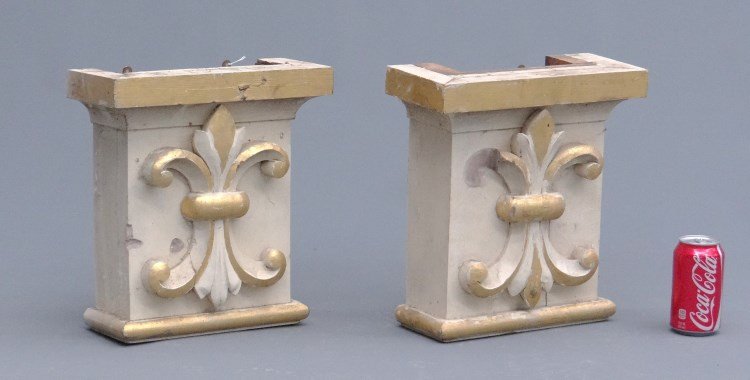 Architectural Elements: Pair painted wooden architectural elements with fleur de lis. 12" x 5 1/2" x 14".