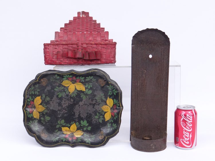 Primitive Lot: Lot including 19th c. hanging basket in old red paint, early tin candle sconce, early painted tole tray.