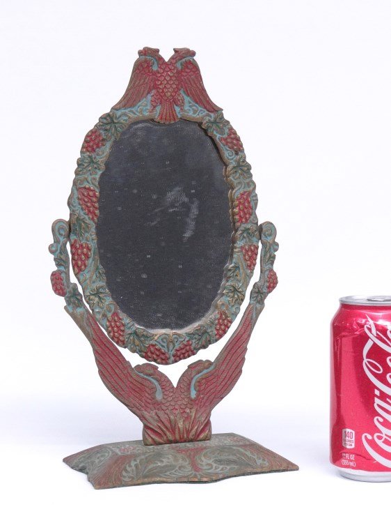 Cast Iron Dresser Mirror: Early polychrome painted cast iron dresser mirror. 12" Ht.