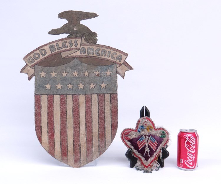 Patriotic Lot: Lot including 19th c. beadwork pin cushion along with wooden C. 1900's "God Bless America" shield (10 1/4" x 20" Ht.).