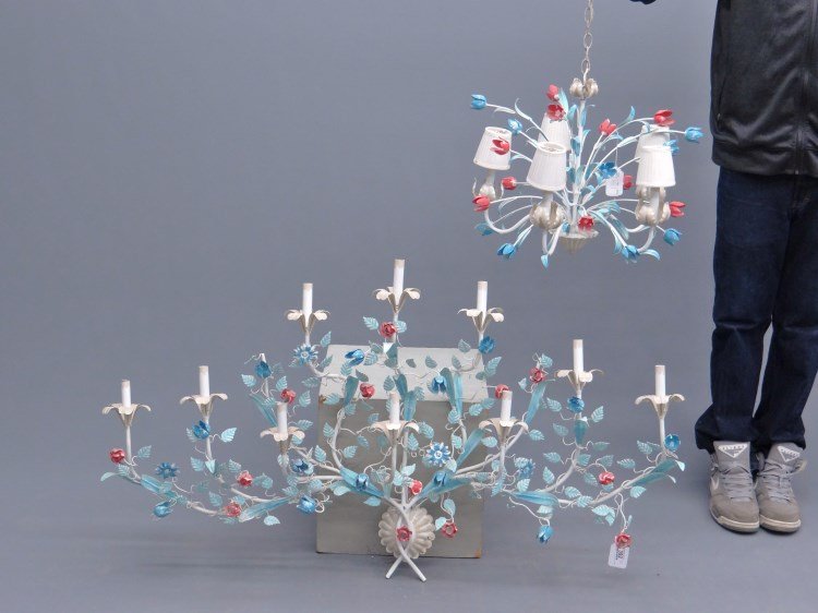 Tole Sconce & Chandelier Lot: Tole sconce and chandelier. Sconce 53" W, 23" Ht., chandelier 22" diameter, 20" Ht.
