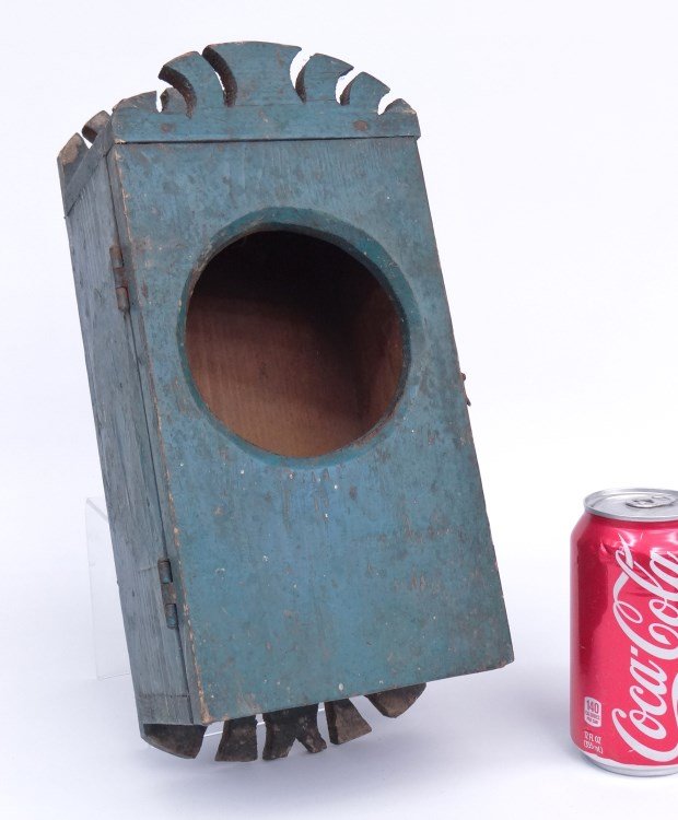 Wall Box: Primitive wall box in old blue paint. 6" x 5" x 13" Ht.