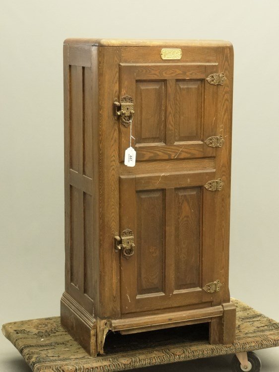 Victorian Oak Ice Box: Victorian oak ice box labeled "White Clad...St. Louis MO", 21 1/2" x 17 1/2" x 48 1/2" Ht.