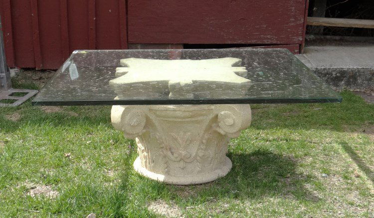 Glass Top Patio Table: Glass top patio table with column base. Top 39" square, 17" Ht., top has small chip.