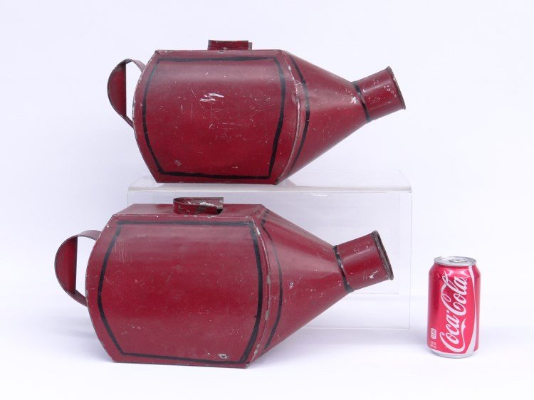 Tole Painted Cans: Pair early tole painted pouring cans. 16 1/2" length.