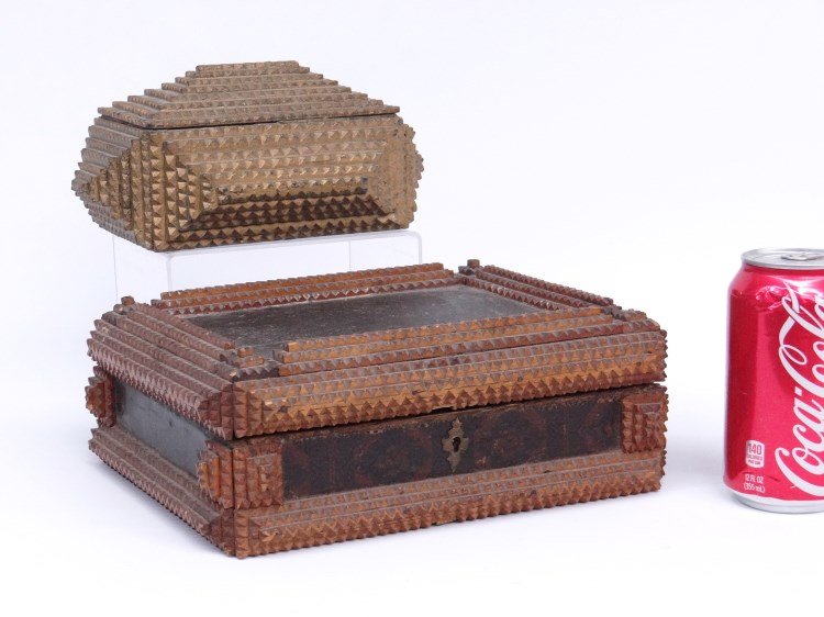 Tramp Art Lot: Lot two 19th c. tramp art boxes, 8" W, 10" W.