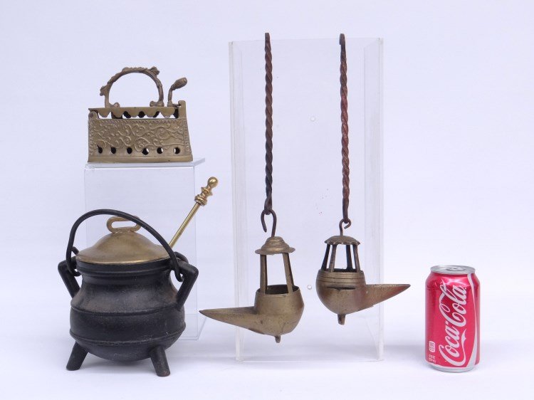 Metalware Lot: Lot including Cape Cod lighter, fancy brass iron, two brass betty style lamps.